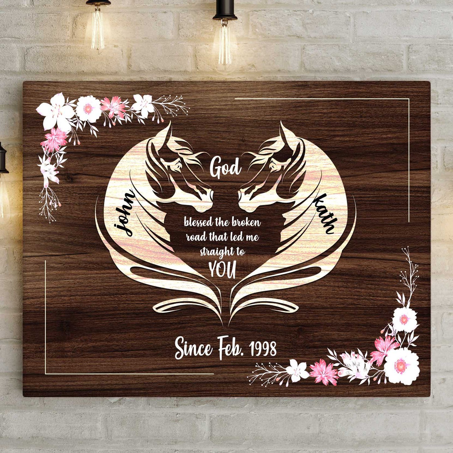 Personalized horse couple canvas sign with names and date in rustic farmhouse style