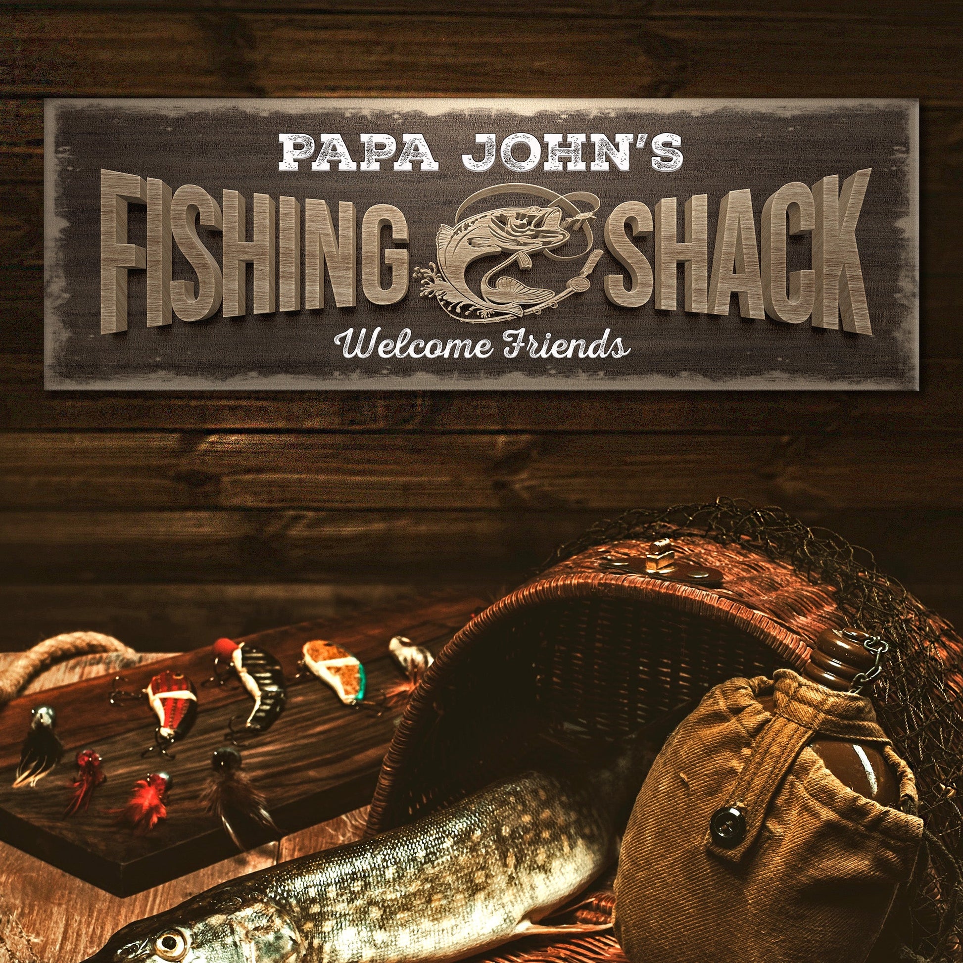 Personalized fishing shack rustic word-art lake house canvas sign ready to hang