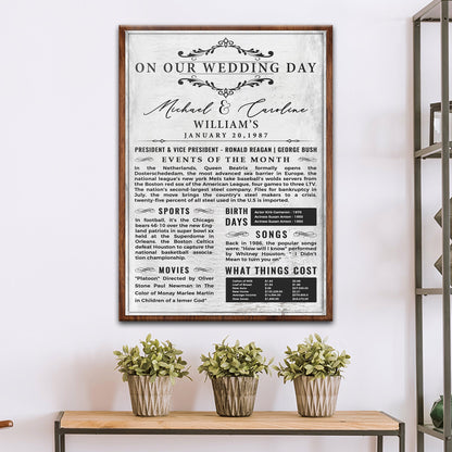 Personalized wedding anniversary couple canvas sign with names and date in rustic lettering