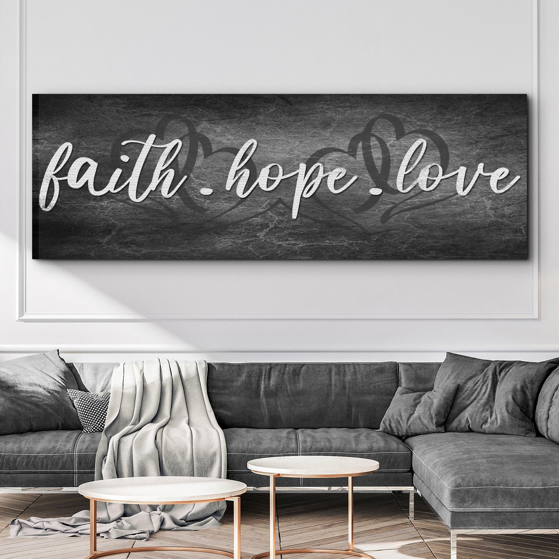 Faith hope and love Christian canvas wall art with warm devotional typography