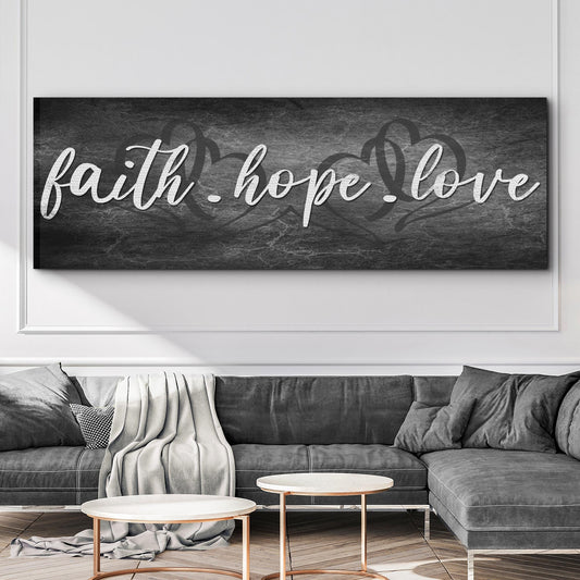Faith hope and love Christian canvas wall art with warm devotional typography