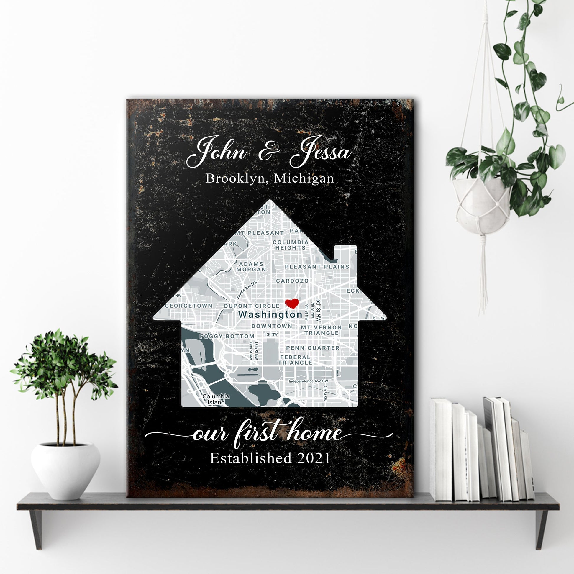 Personalized home map canvas sign with location and names in rustic word art