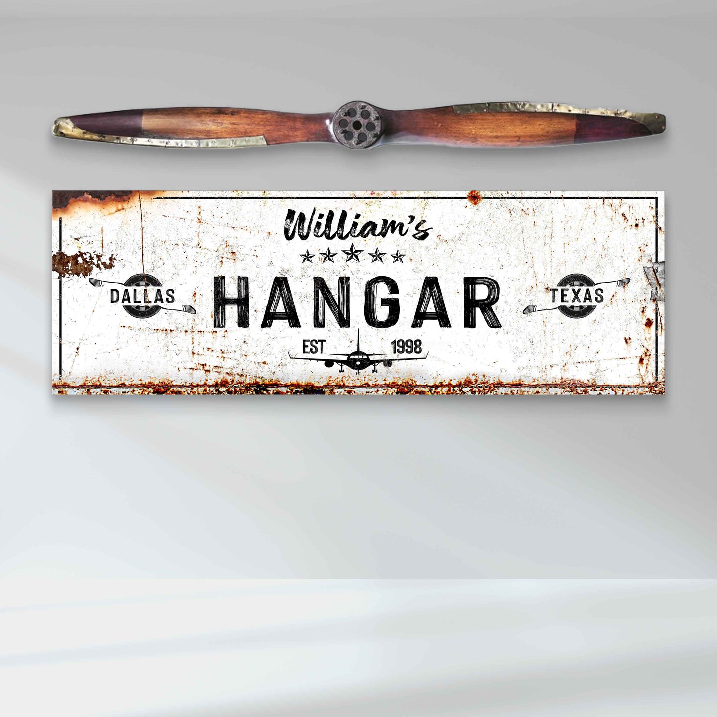 Personalized aviation airplane hangar canvas sign, ready to hang