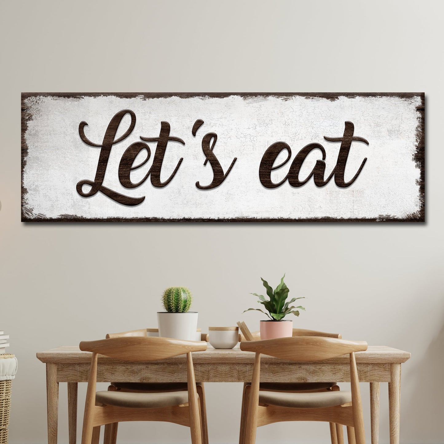 Let's Eat kitchen canvas wall art sign with cheerful vertical typography for kitchen and dining room