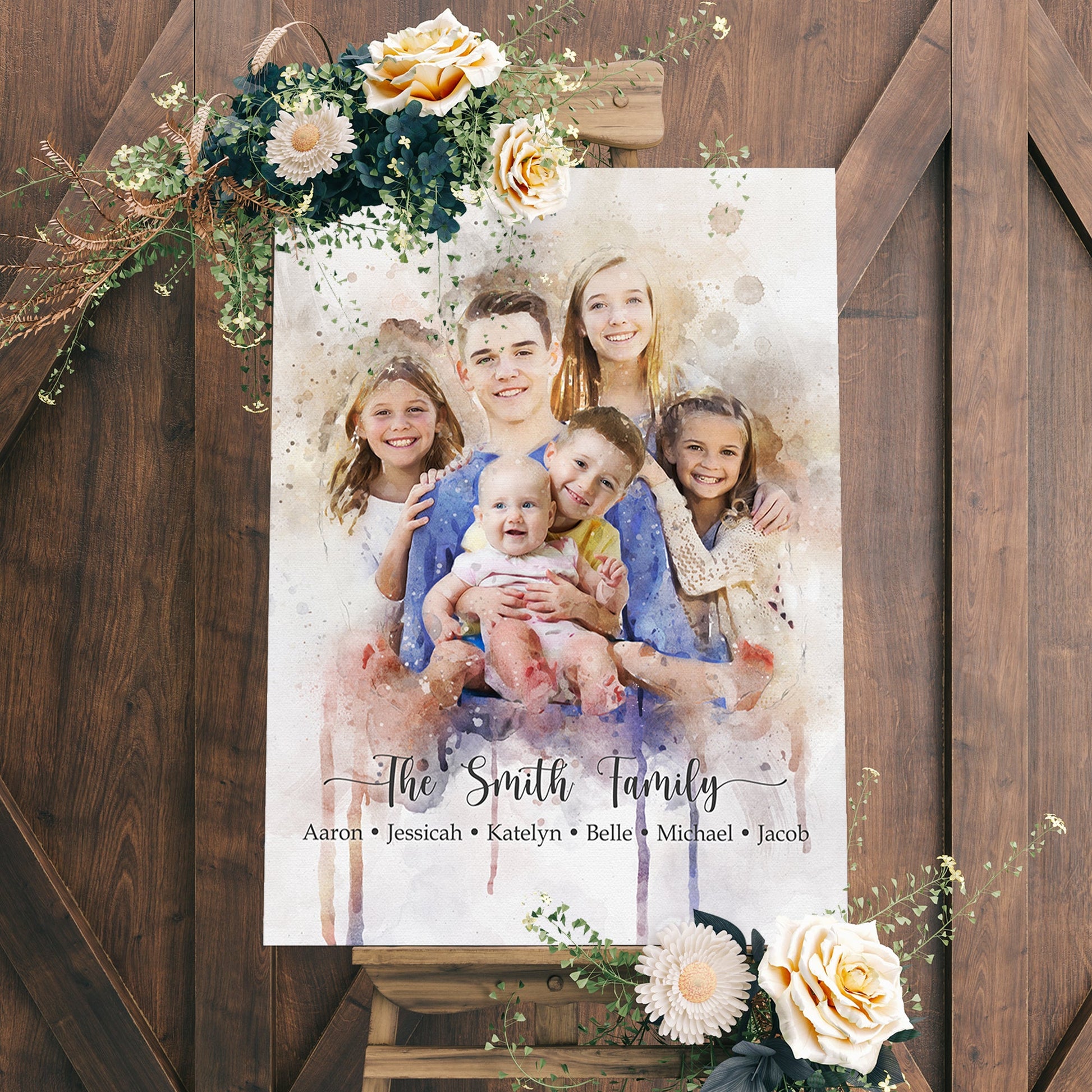 Watercolor family portrait canvas sign hanging on wall