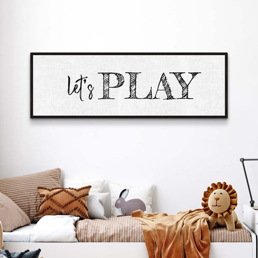 Let's Play game room canvas sign with bold lettering, ready to hang