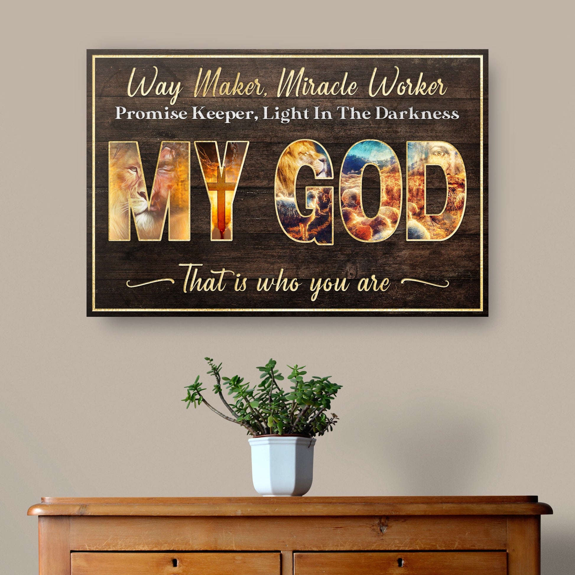 Way Maker Miracle Worker faith canvas sign with rustic worship lettering