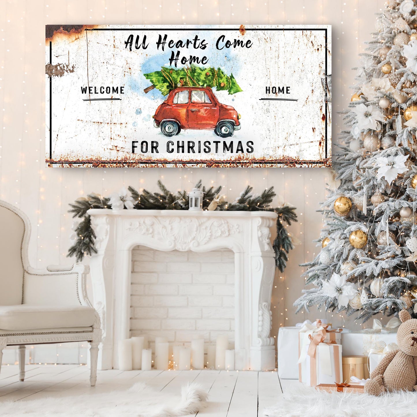 All Hearts Come Home For Christmas rustic word-art holiday canvas sign ready to hang