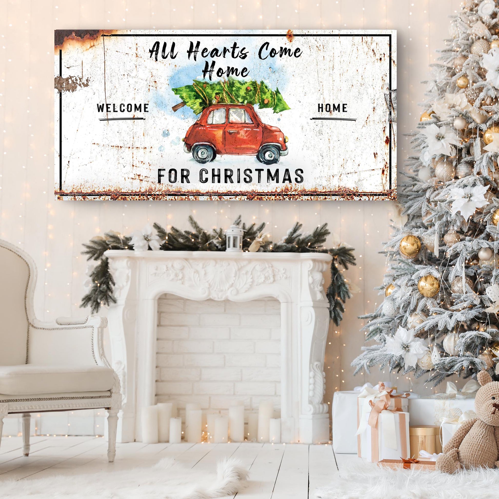 All Hearts Come Home For Christmas rustic word-art holiday canvas sign ready to hang