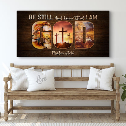 Be Still Lion, Crosses and Lamb canvas shown in a styled room setting, view 2