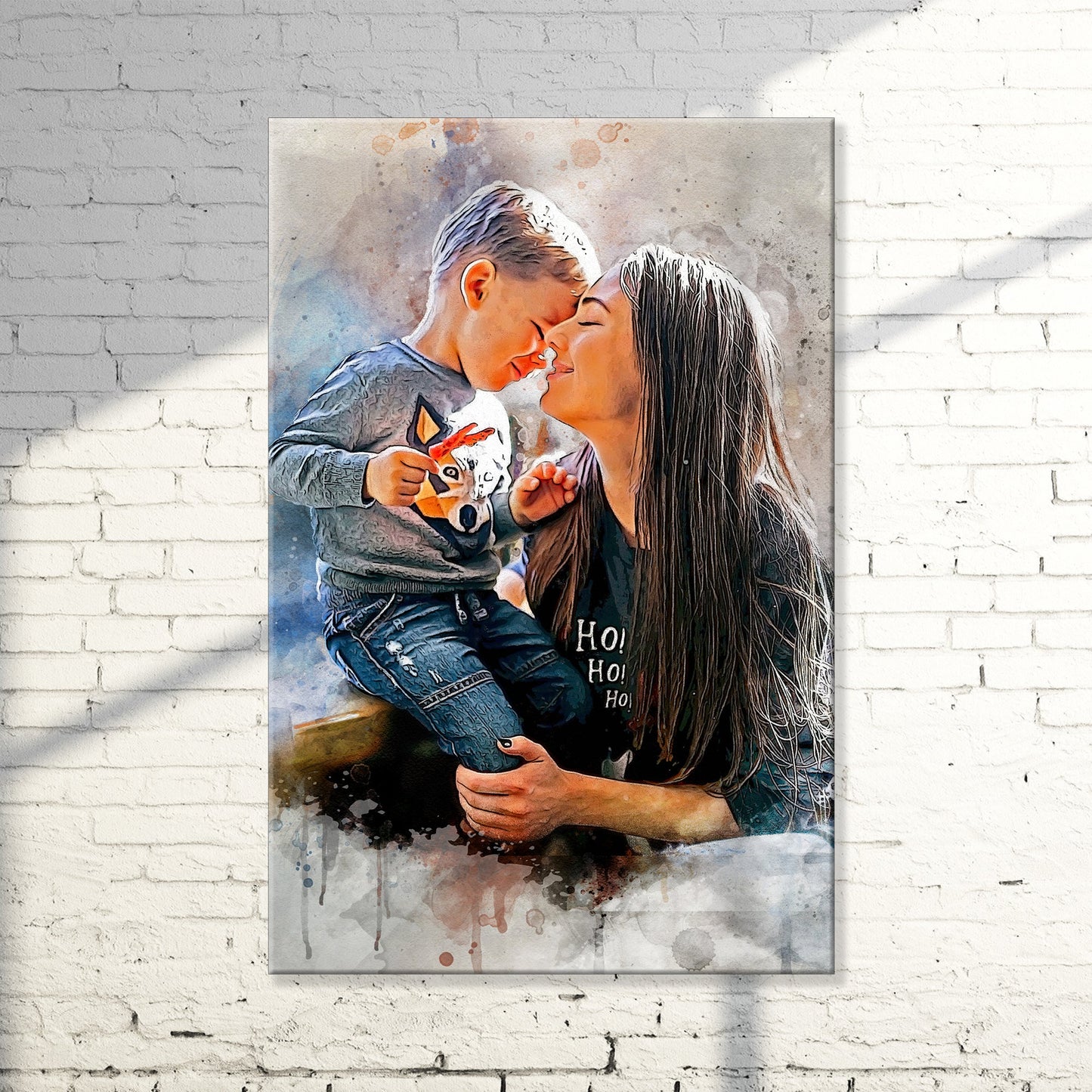 Mother And Son Watercolor Portrait Canvas Sign