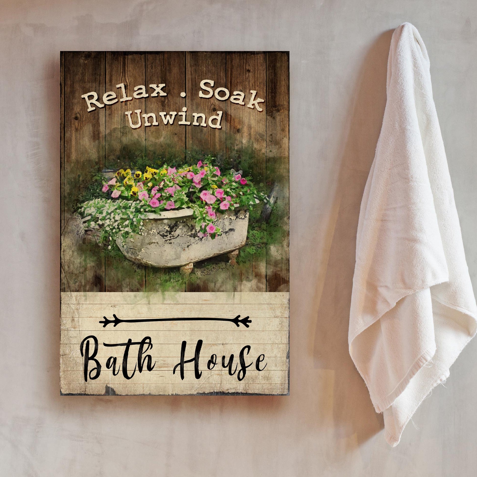 Relax Soak Unwind bathroom canvas sign hanging on wall