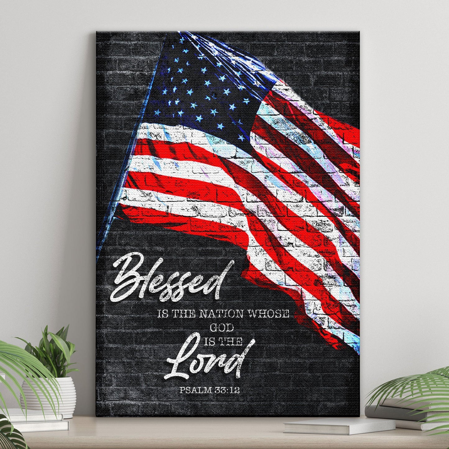 Psalm 33:12 Blessed Is The Nation faith canvas sign with rustic scripture lettering