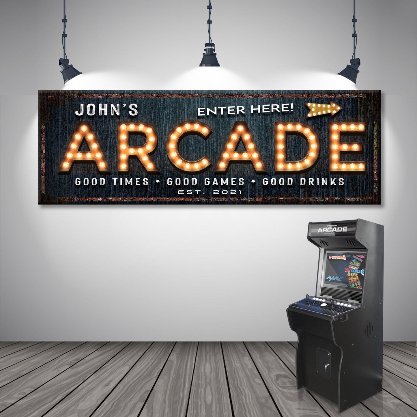 Personalized arcade Enter Here canvas sign for a game room, ready to hang
