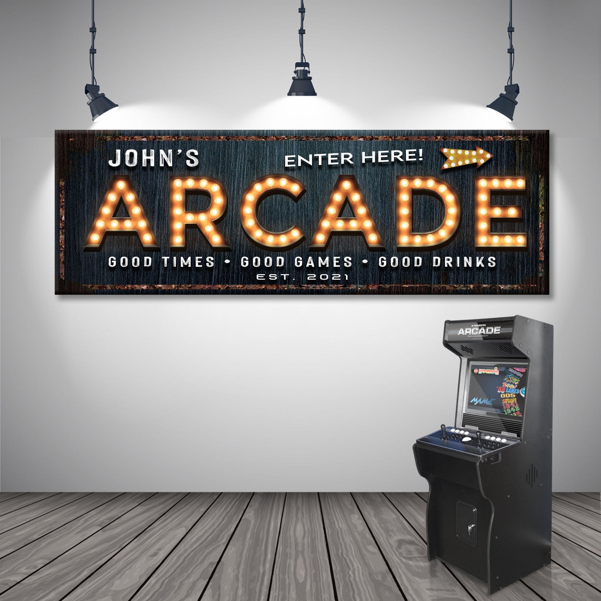Personalized arcade Enter Here canvas sign for a game room, ready to hang