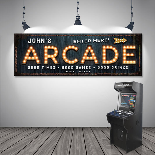 Personalized arcade Enter Here canvas sign for a game room, ready to hang