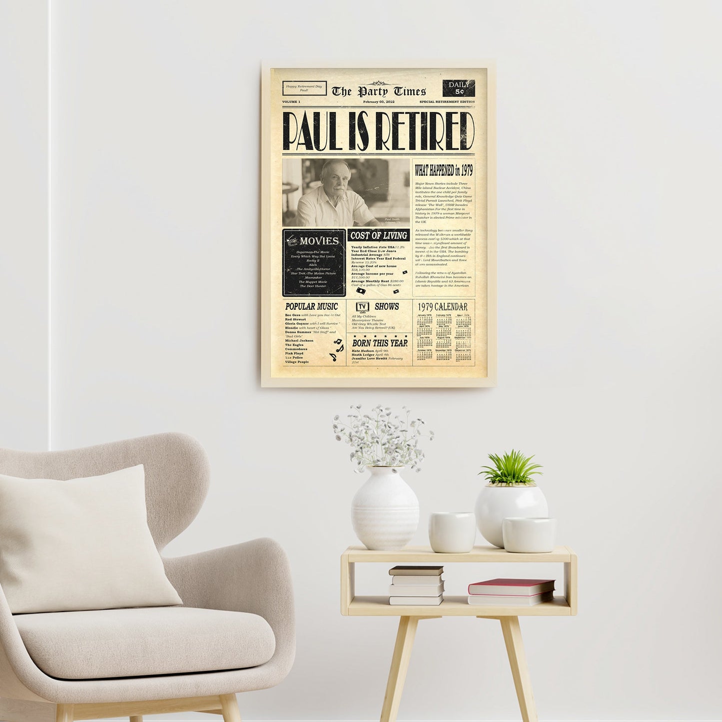 Personalized newspaper-style retirement gift canvas sign, ready to hang