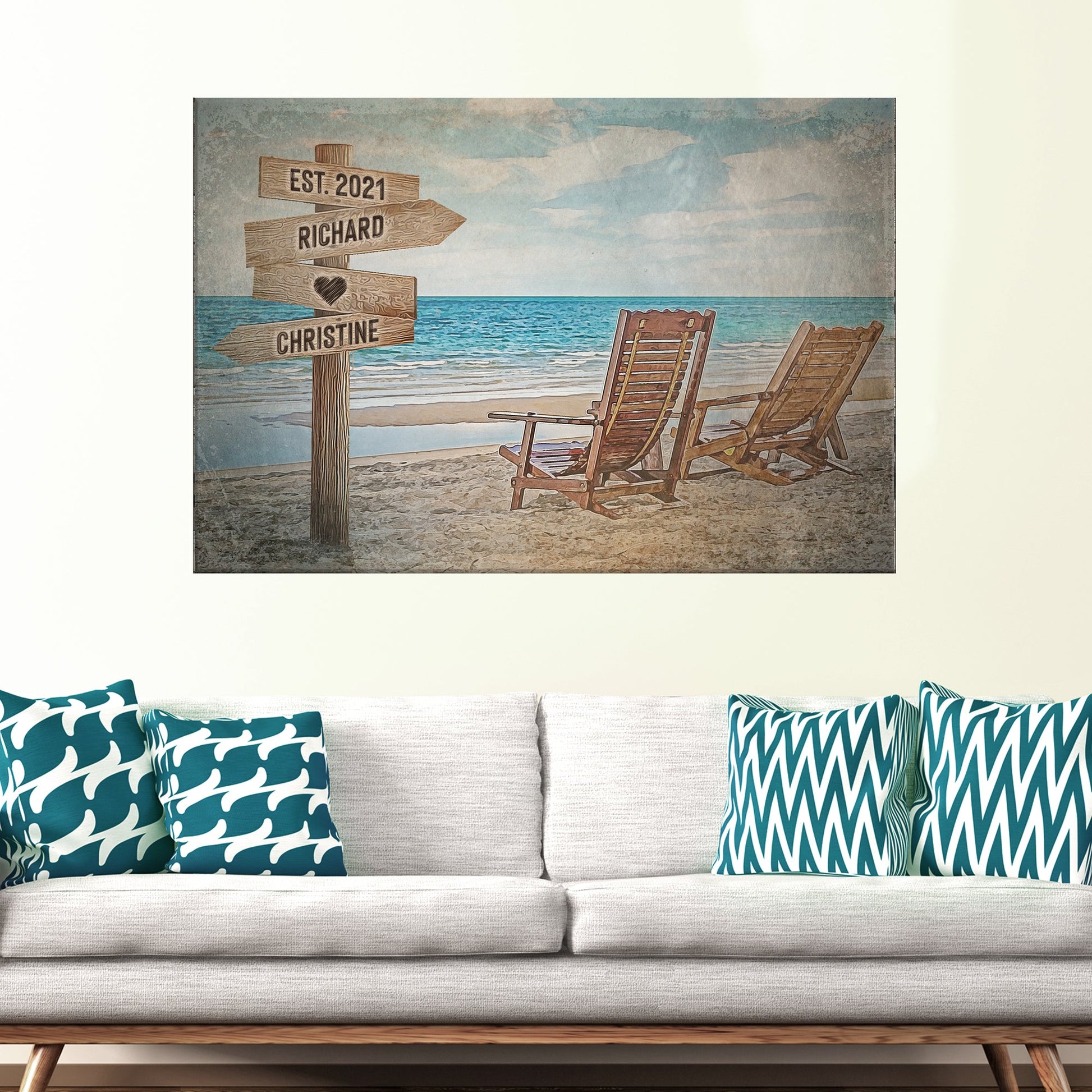 Personalized beach couple names canvas sign with date in coastal style