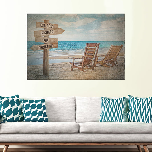 Personalized beach couple names canvas sign with date in coastal style