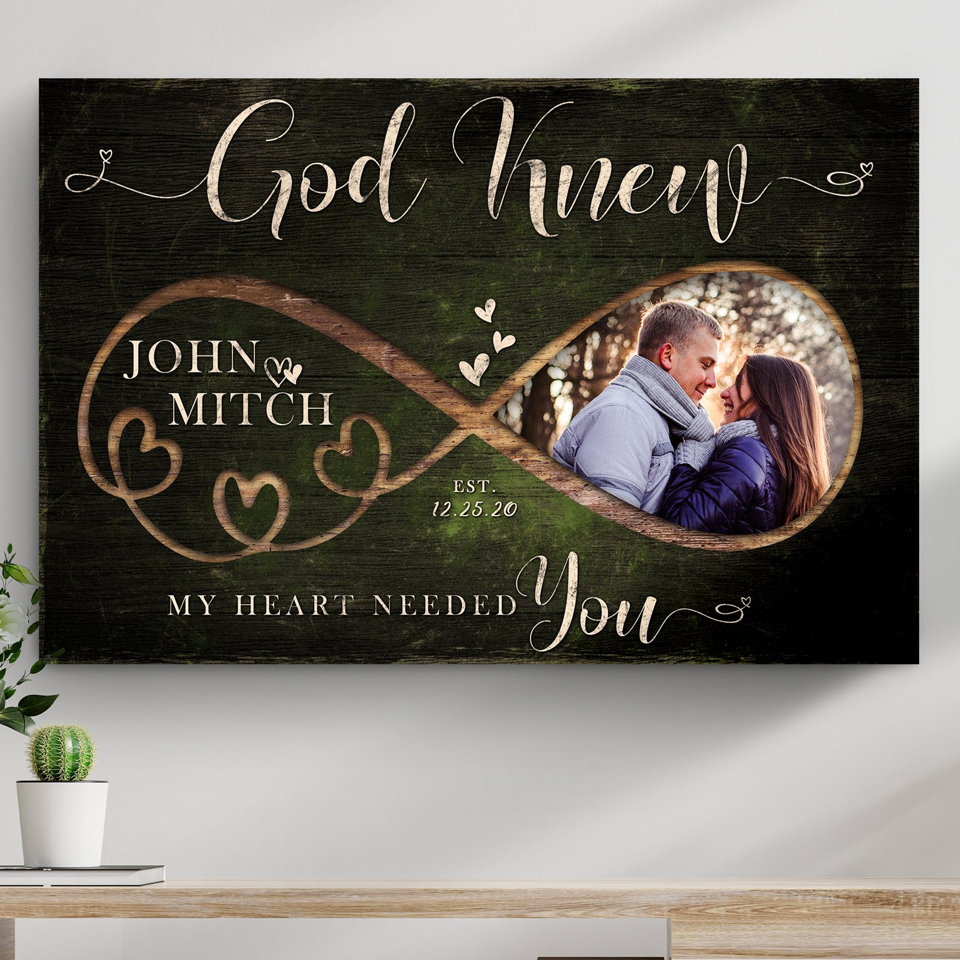 Personalized God Knew couple canvas sign with names and date in rustic word-art style