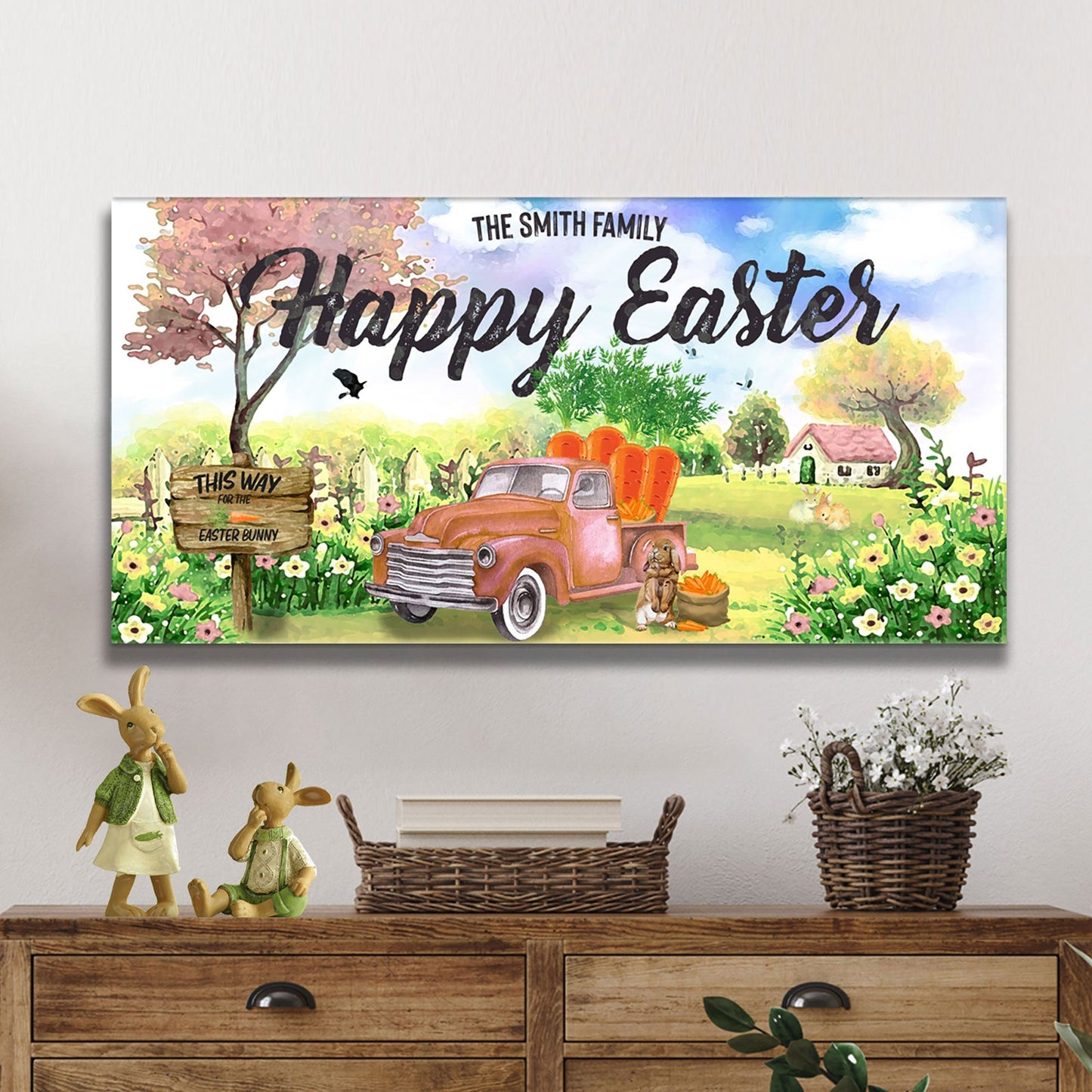 Family Happy Easter canvas sign with spring colors and rustic lettering