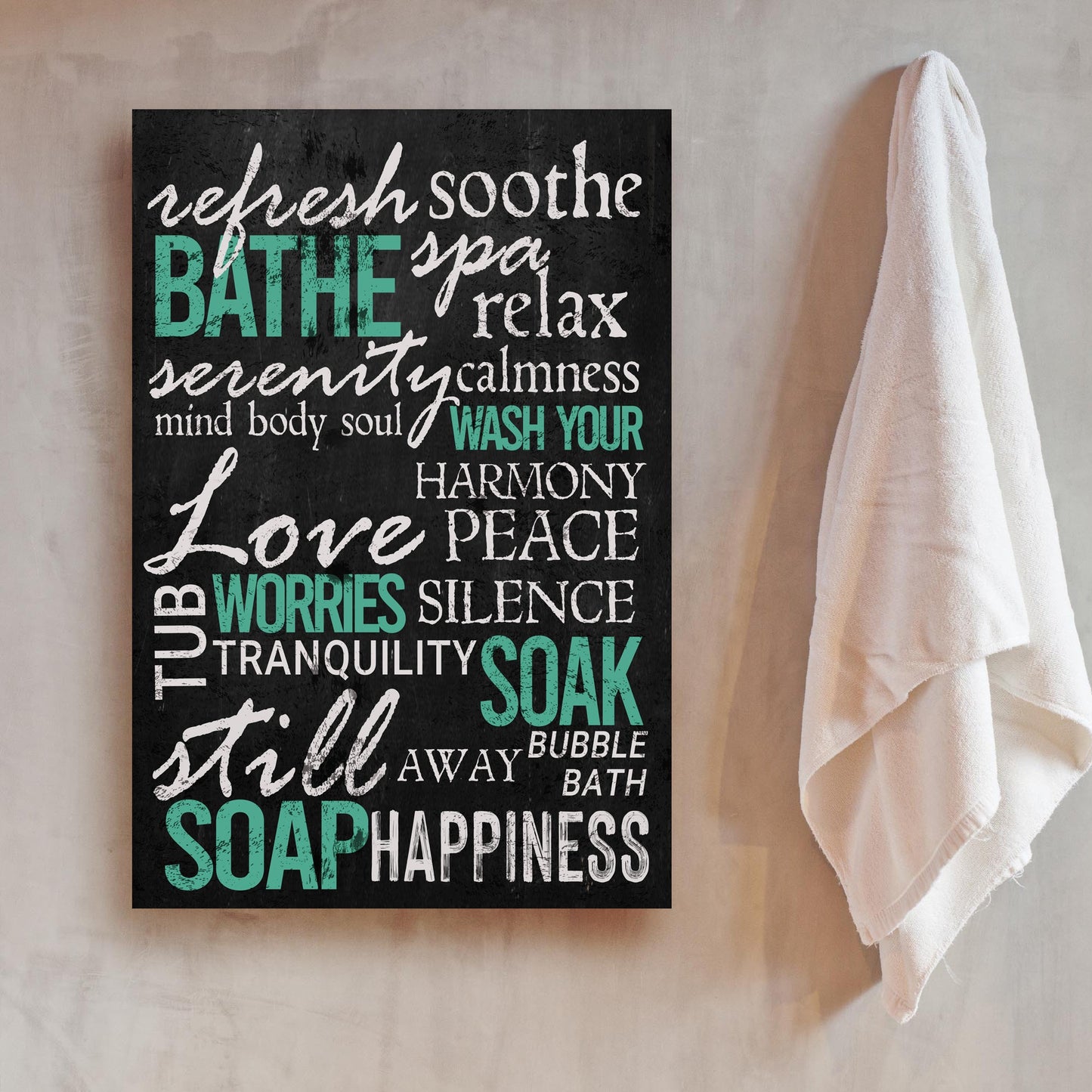 Refresh Soothe Bathe bathroom rustic word-art canvas sign
