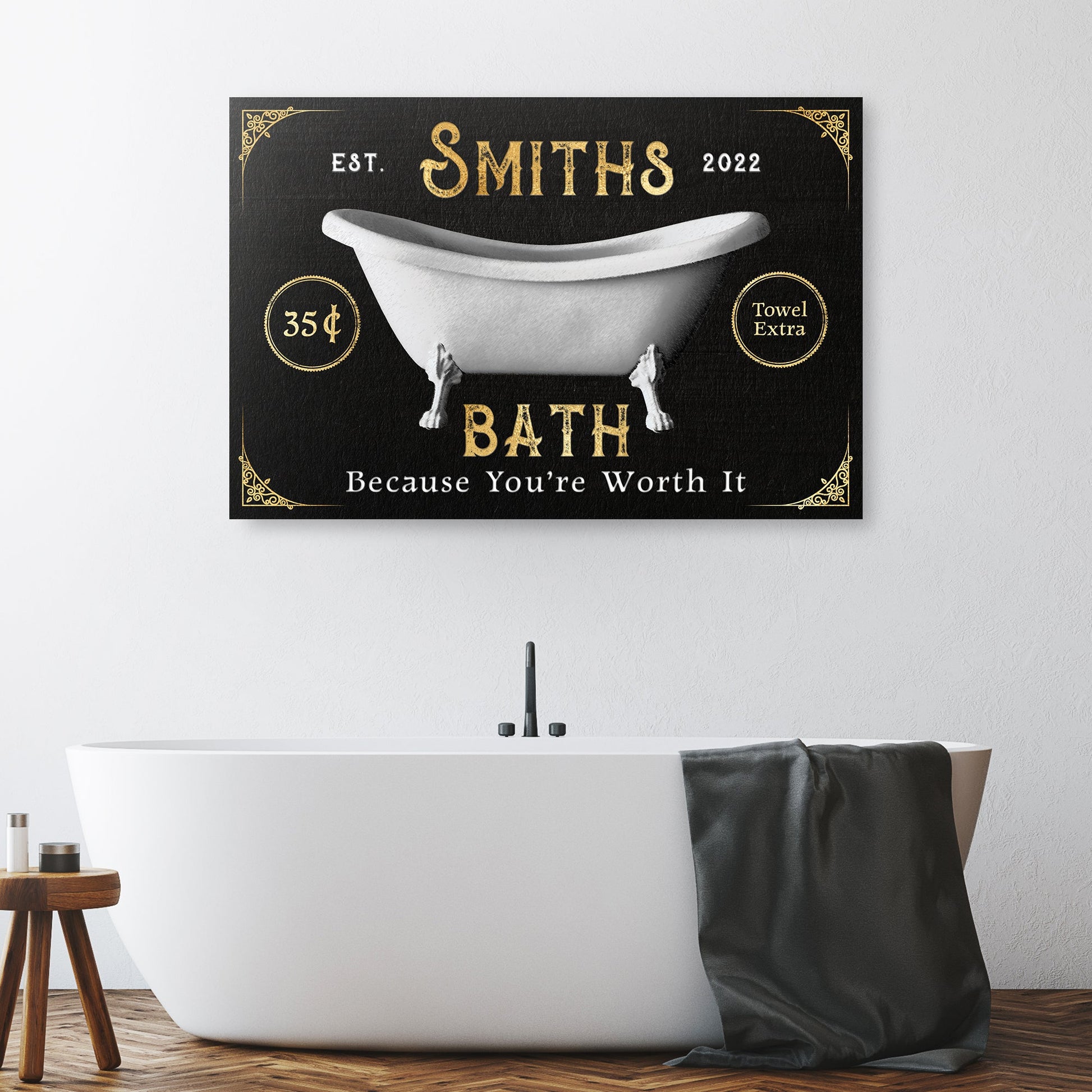 Personalized family bath canvas sign with family name on wall