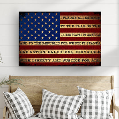 American flag canvas with the Pledge of Allegiance printed across the stripes, above a bench with plaid pillows