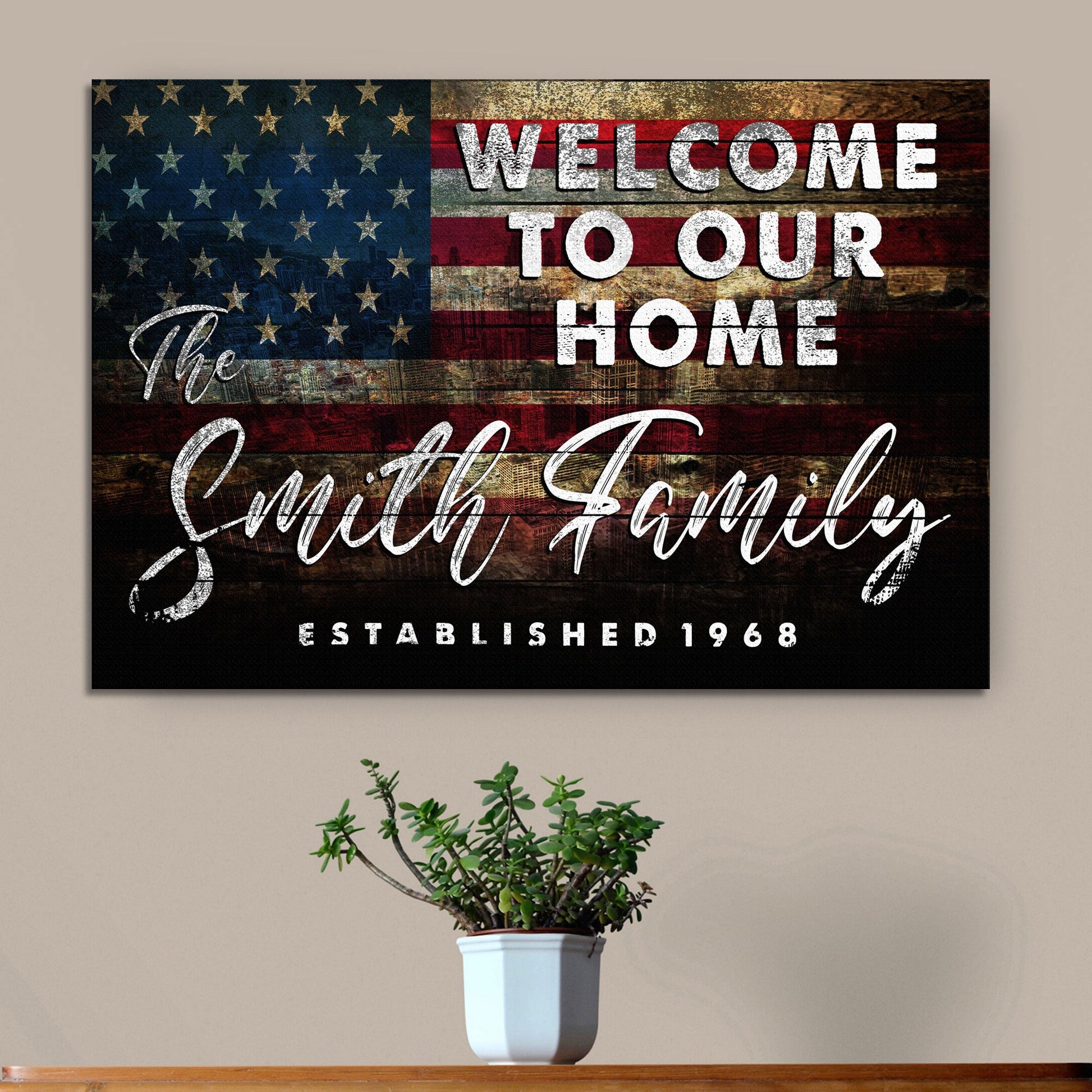 Welcome to our home personalized canvas sign with family name in rustic word-art style