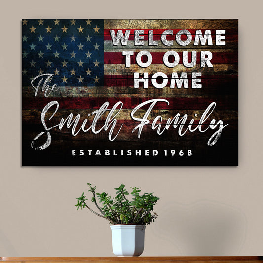 Welcome to our home personalized canvas sign with family name in rustic word-art style