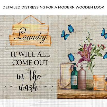 Close-up of the canvas print, with text: Detailed distressing for a modern wooden look