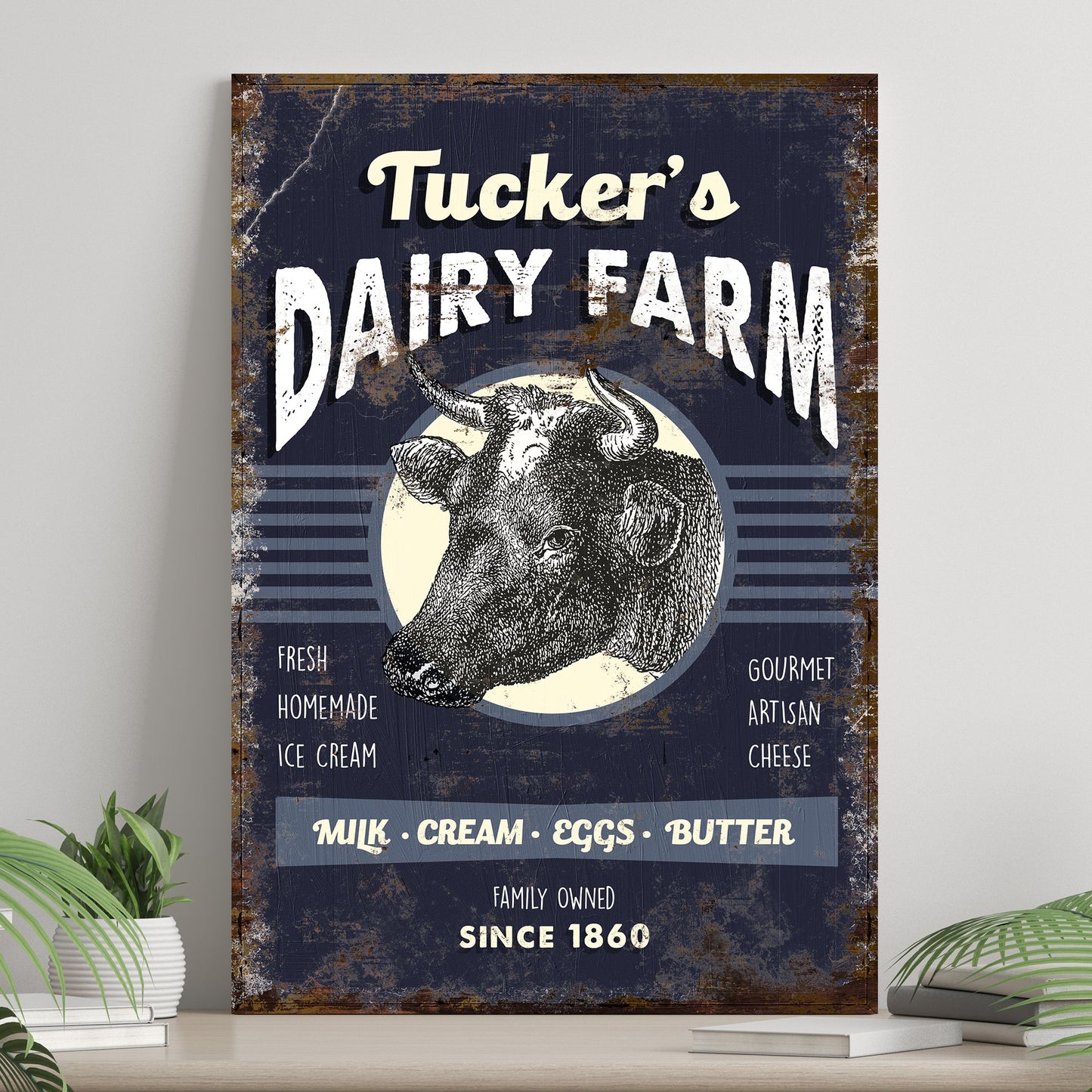 Dairy Farm personalized canvas sign with family name in rustic word art