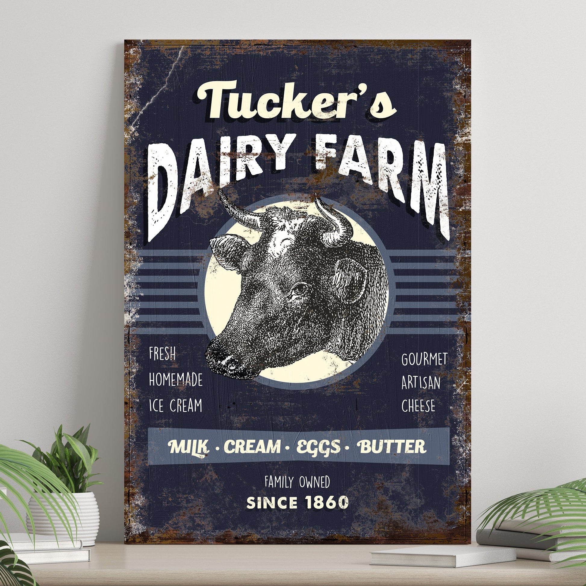 Dairy Farm personalized canvas sign with family name in rustic word art