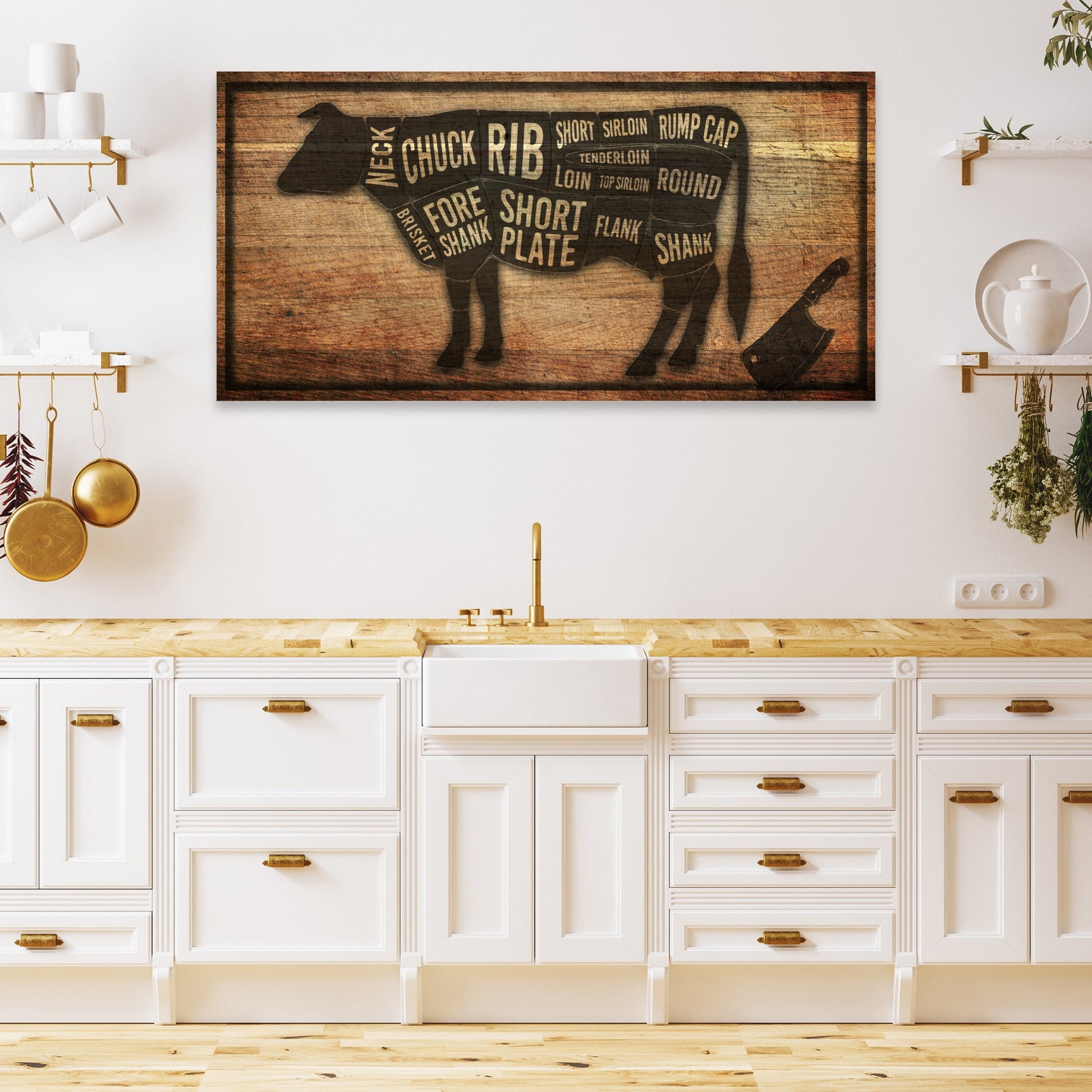 Personalized cow butcher chart rustic kitchen canvas sign