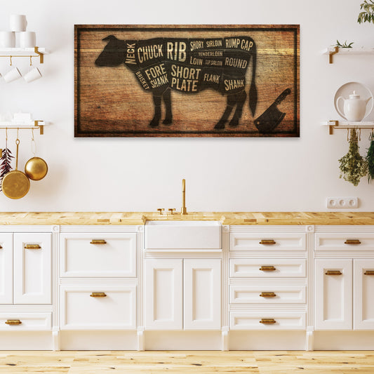 Personalized cow butcher chart rustic kitchen canvas sign