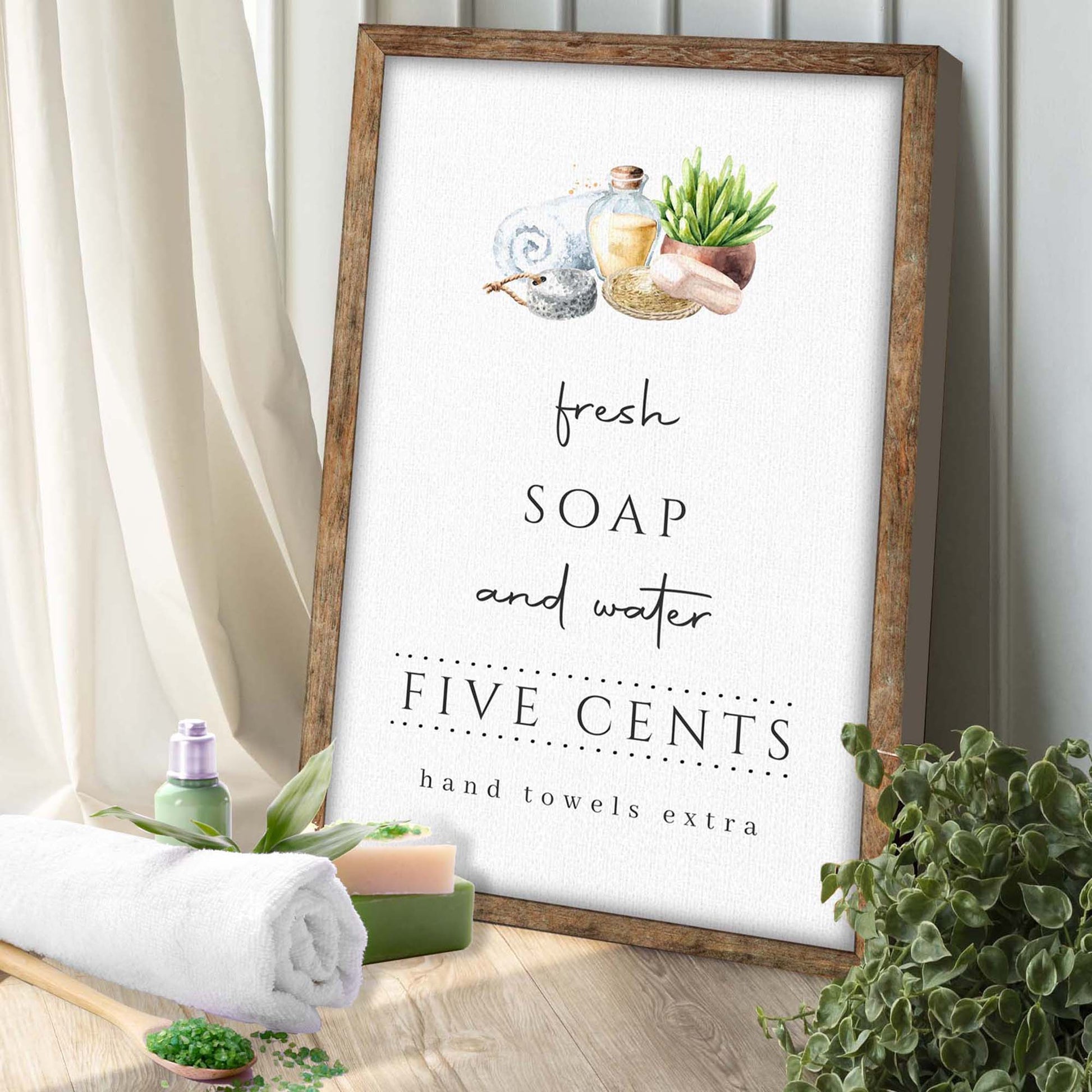 Fresh soap and water bathroom canvas sign in rustic word-art style