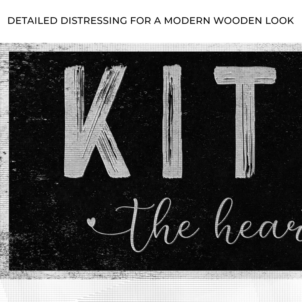 Close-up of the canvas print, with text: Detailed distressing for a modern wooden look