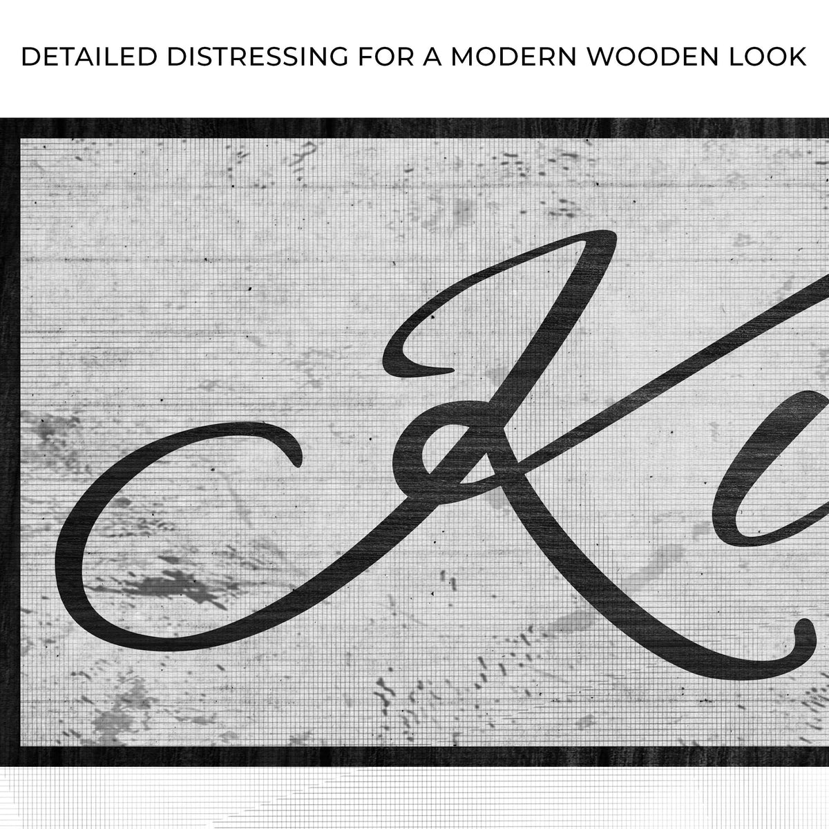 Close-up of the canvas print, with text: Detailed distressing for a modern wooden look