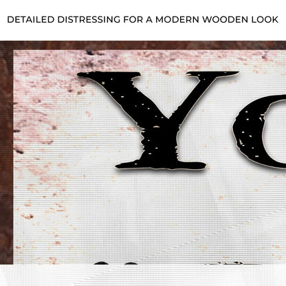 Close-up of the canvas print, with text: Detailed distressing for a modern wooden look