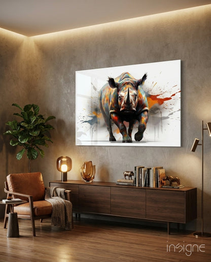 Rhino Glass Wall Art with colorful paint splash design