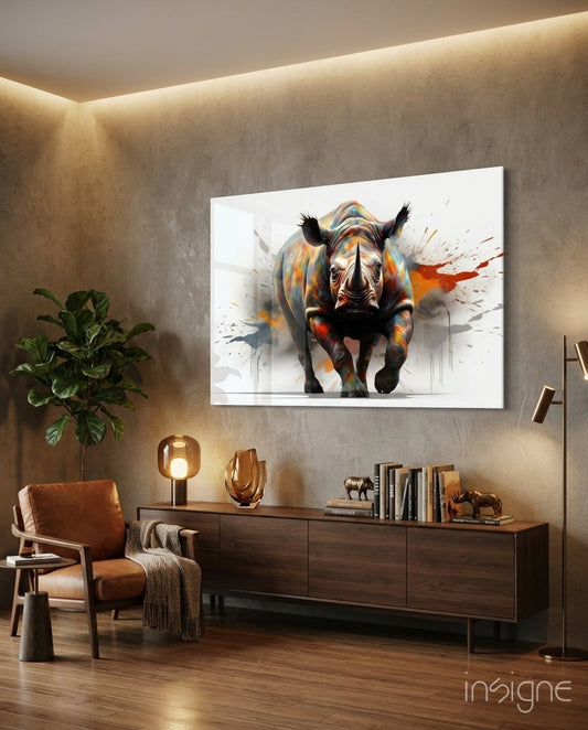 Rhino Glass Wall Art with colorful paint splash design