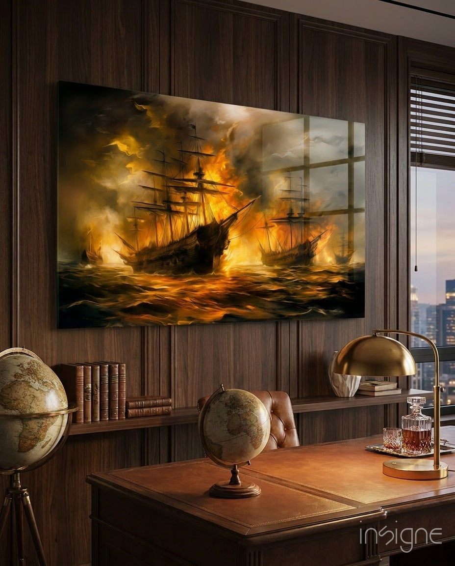 Navy in Flames Glass Wall Art naval battle seascape
