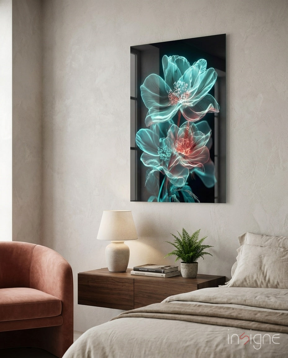 Glowing Peony Glass Wall Art in turquoise and coral