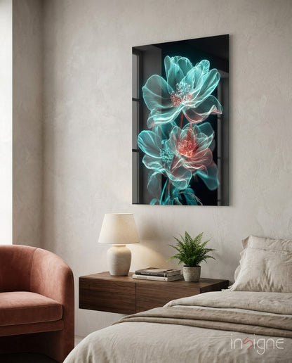 Glowing Peony Glass Wall Art in turquoise and coral