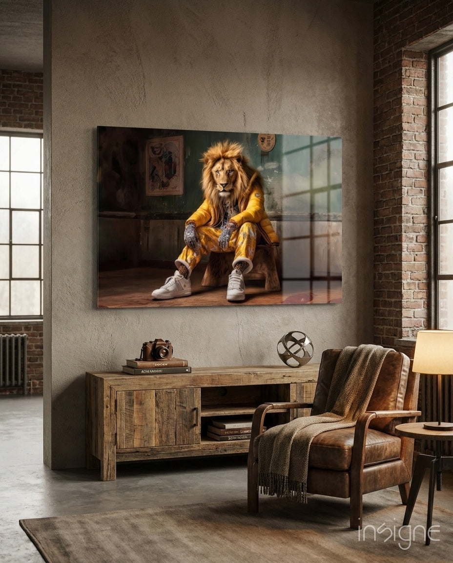 Yellow jacket king glass wall art anthropomorphic lion portrait