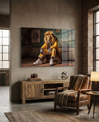 Yellow jacket king glass wall art anthropomorphic lion portrait