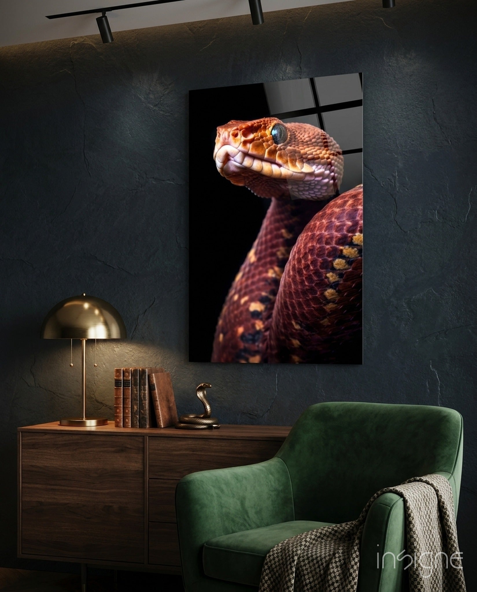Copper and rust viper glass wall art with sapphire eye on black