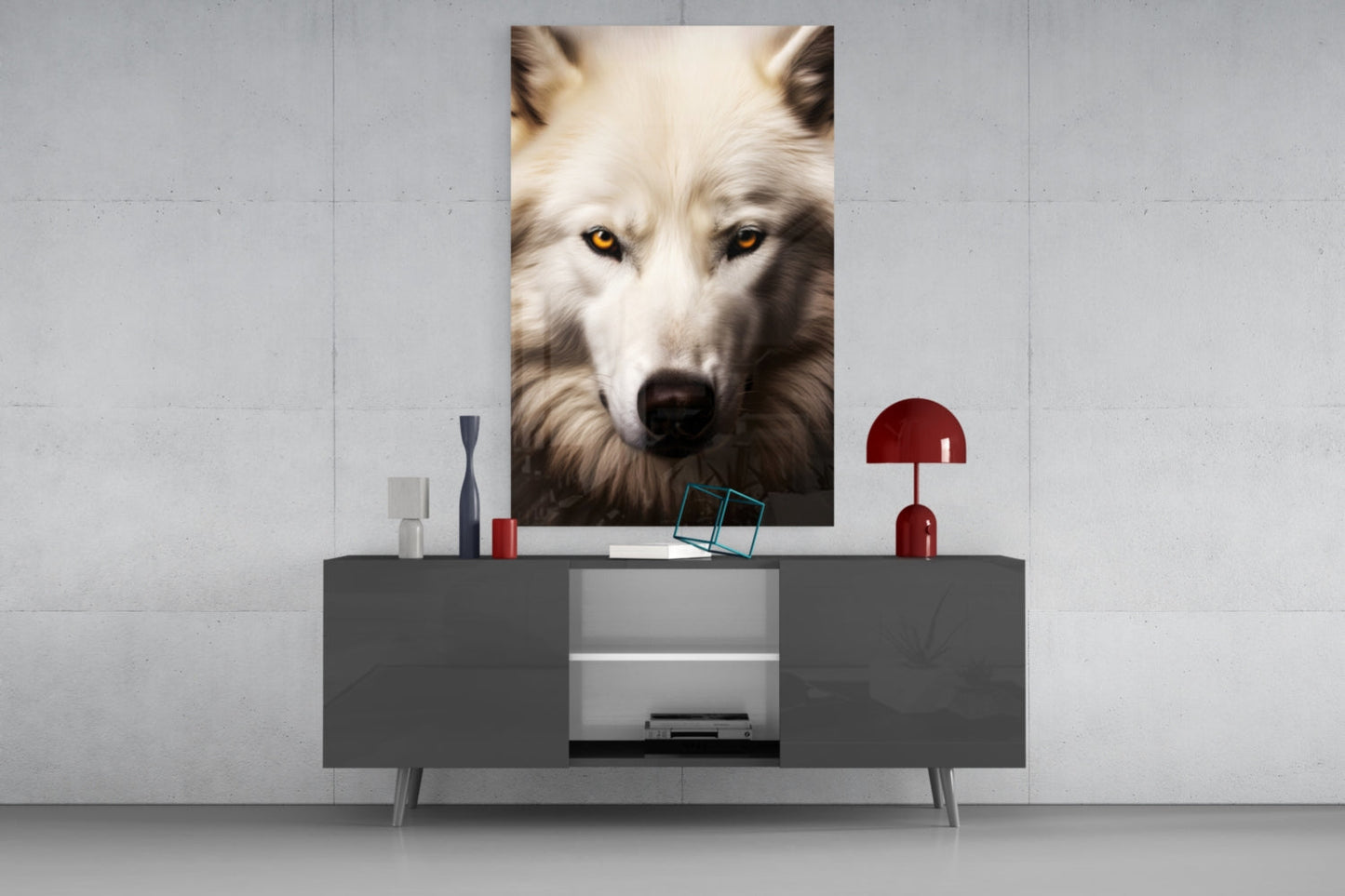 White Wolf's Gaze Glass Wall Art Portrait Print