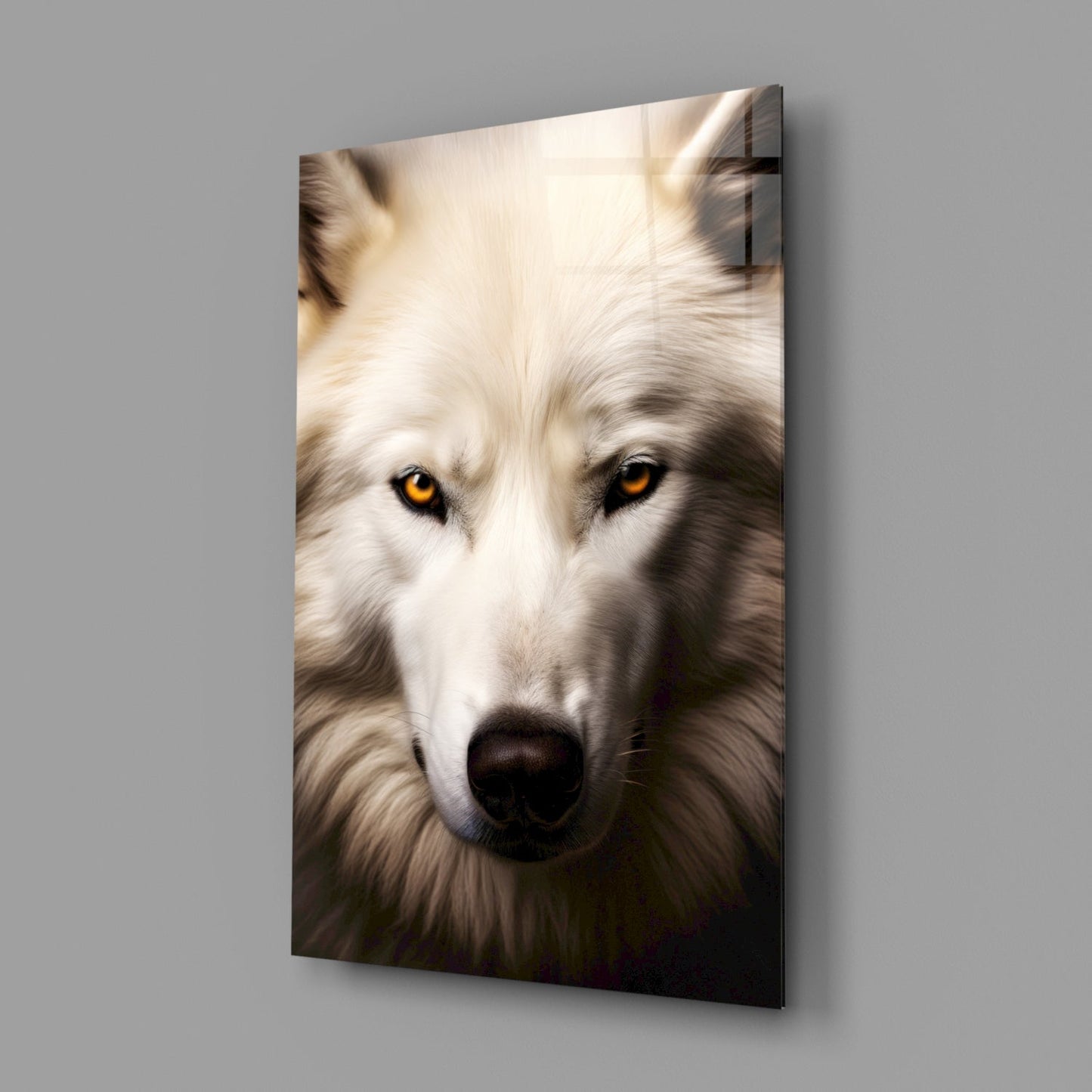White Wolf's Gaze Glass Wall Art Portrait Print