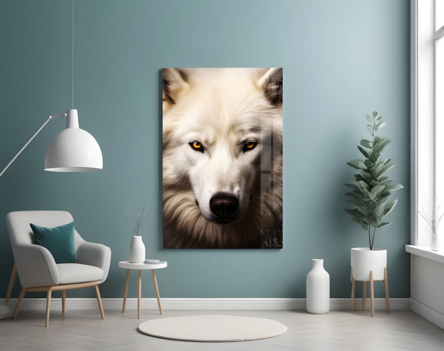 White Wolf's Gaze Glass Wall Art Portrait Print